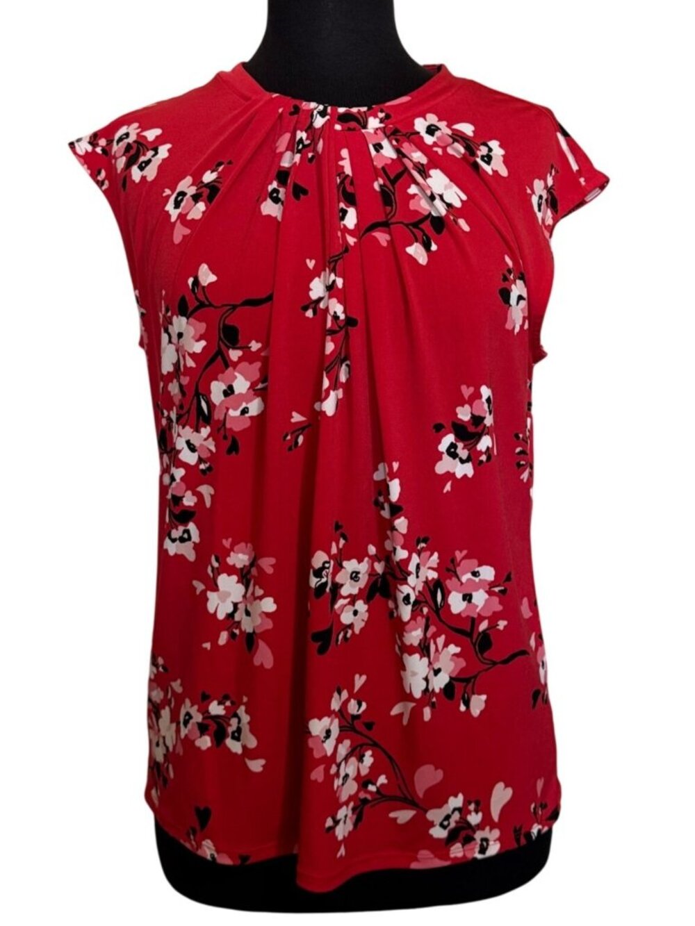 Liz Claiborne Red Floral Print w/Cherry Blossom Sleeveless Blouse Women's Size M